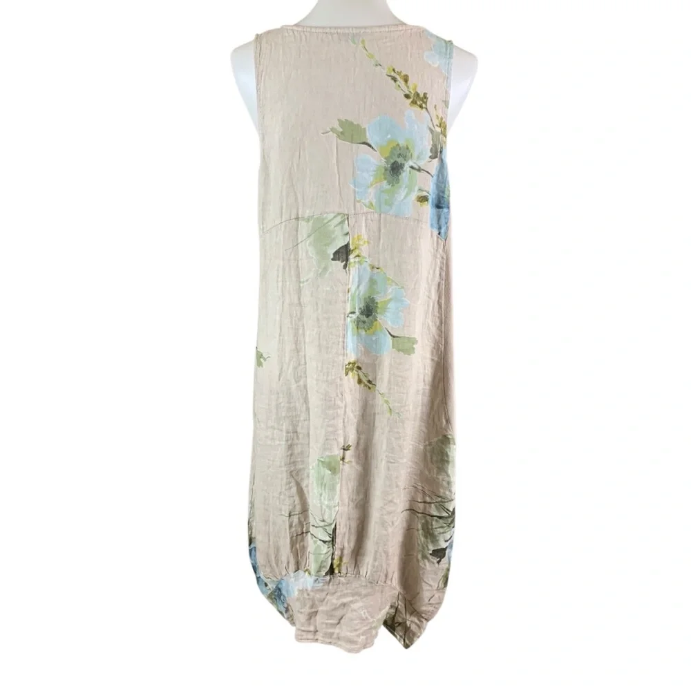 Italian Ribbed Beige Blue Floral Linen Dress Medium Artisanal Boho‎ Resort Style